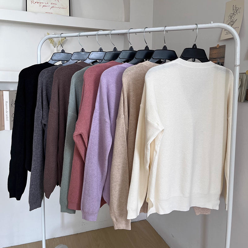 Měkký, jednobarevný, jemný, všestranný, s výstřihem do V, volný, kardigan s dlouhým rukávem, dámský úplet