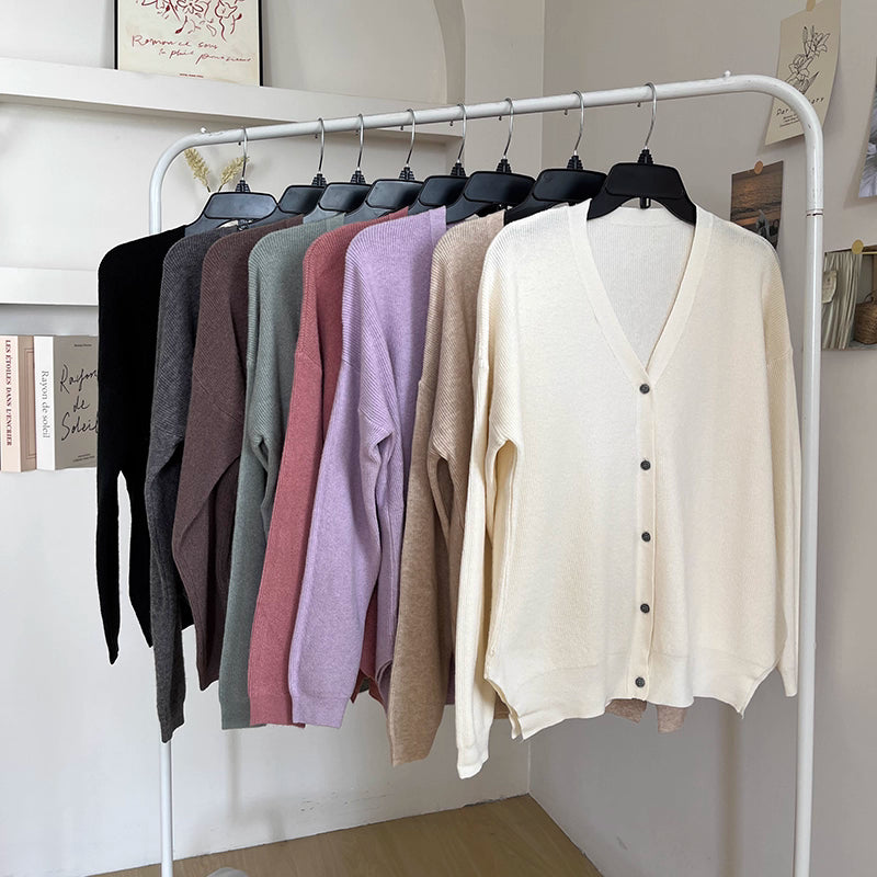 Měkký, jednobarevný, jemný, všestranný, s výstřihem do V, volný, kardigan s dlouhým rukávem, dámský úplet